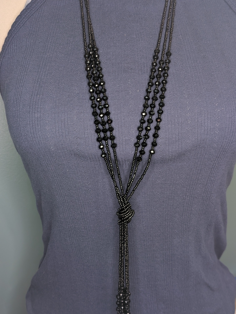 Vintage Black Seed Bead Faceted Crystal Multi Strand Knotted Lariat Necklace